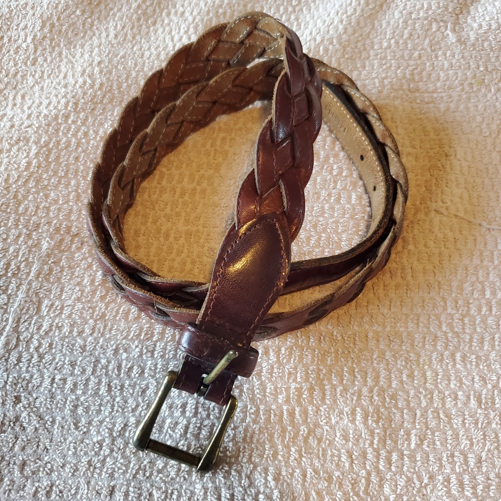 Vintage Brown Braided Leather Belt Women Size 38/95 Made in Uruguay Brass Buckle